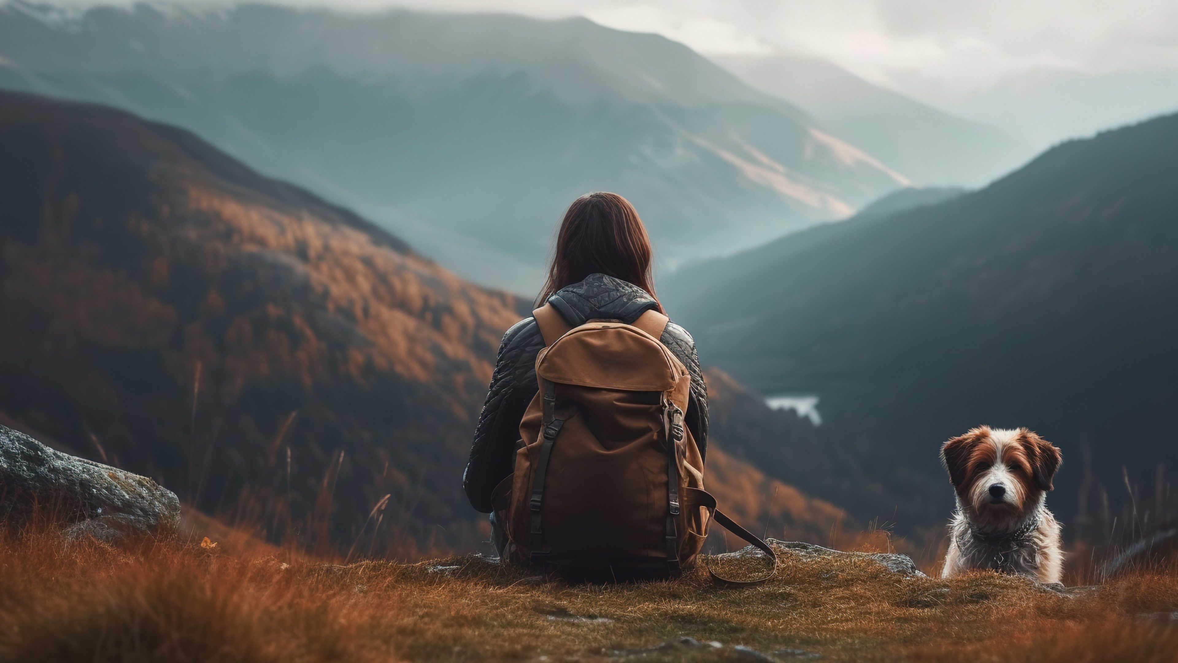 Girl with backpack sitting with dog, back view on blurred background of mountain landscape, generative AI