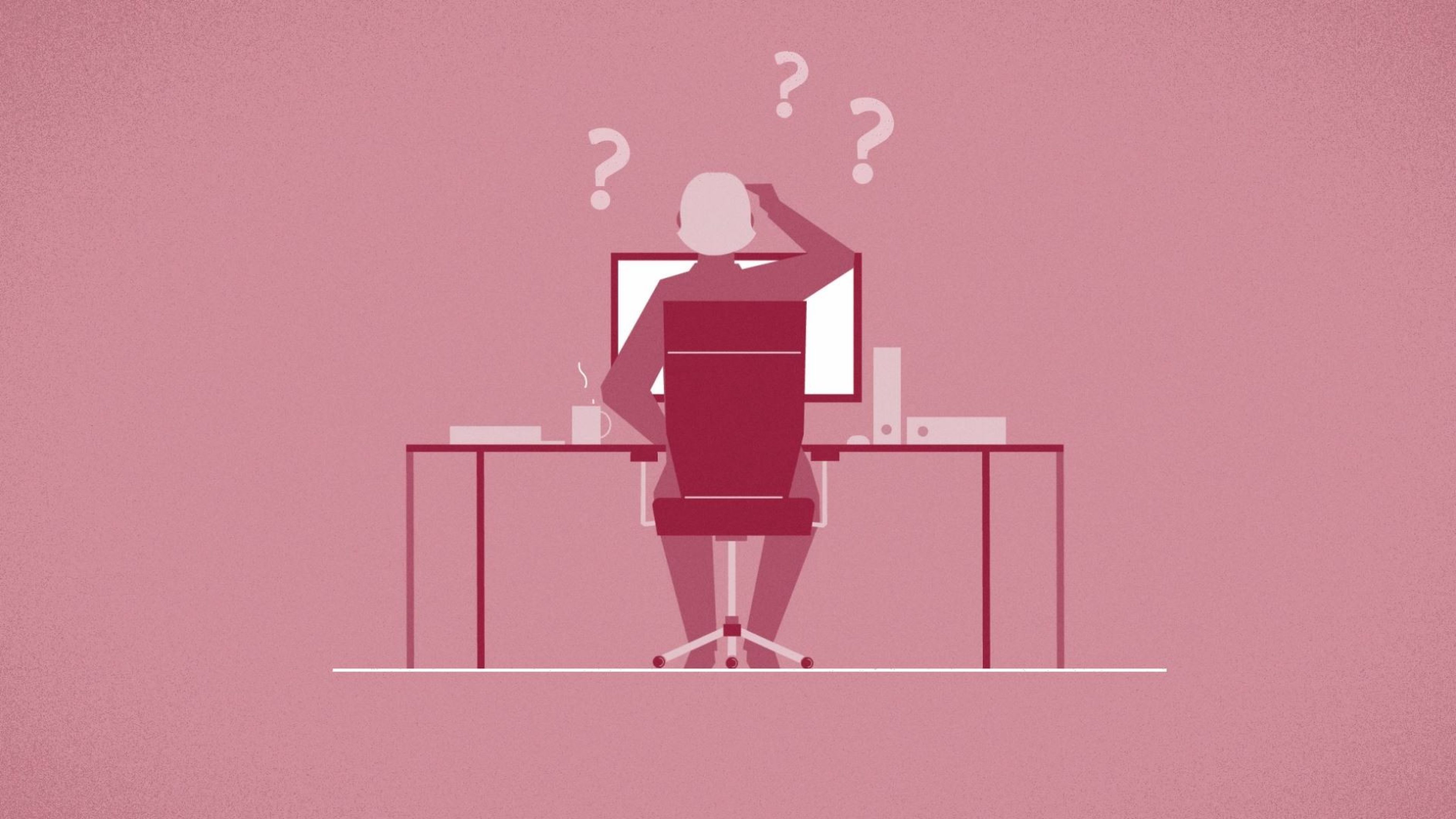 Person sitzt vor einem Schreibtisch mit Laptop, um sie herum sind Fragezeichen abgebildet.