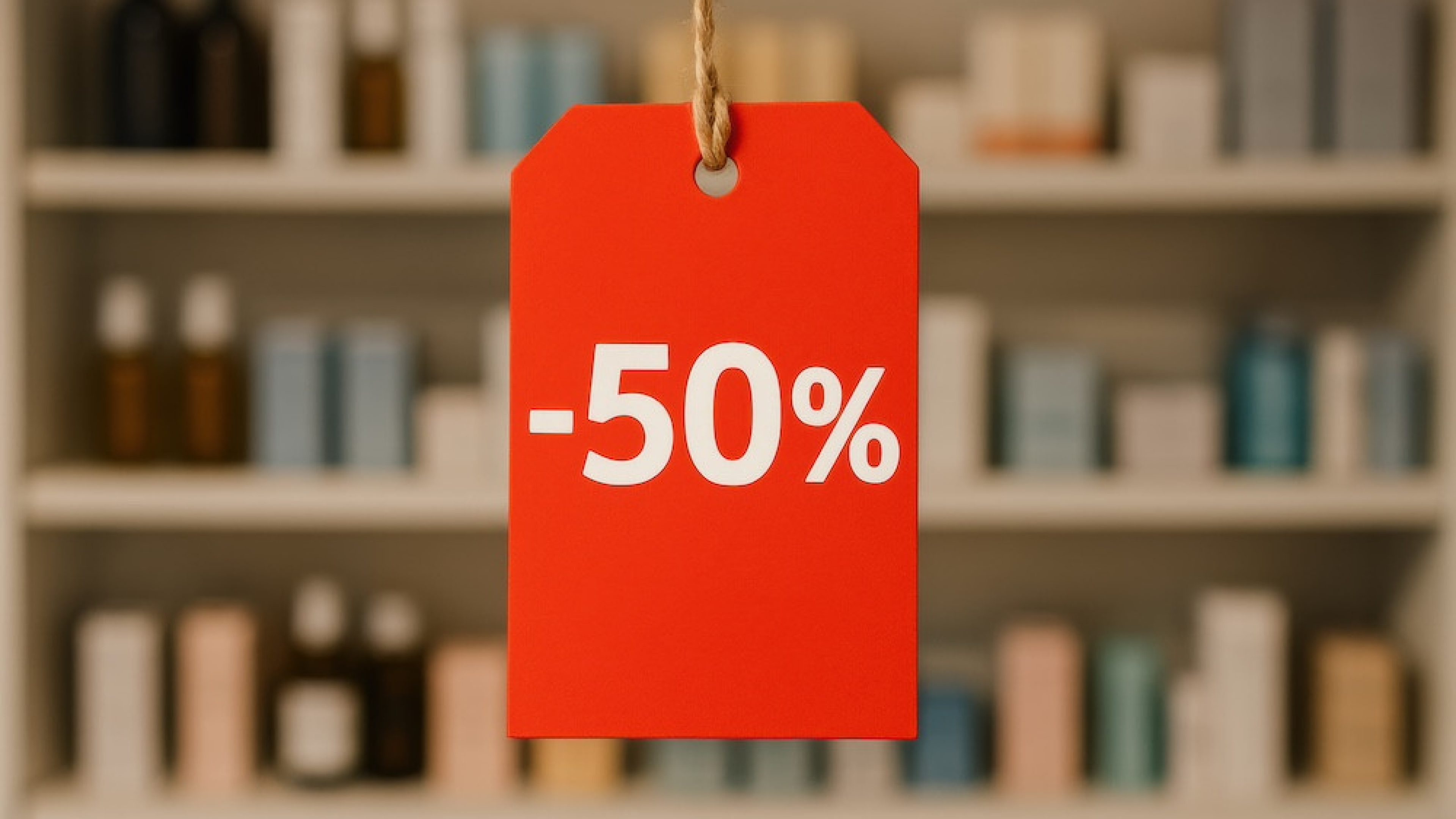 A red discount tag showing a 50% reduction hangs in front of an array of beauty and skincare products on neatly organized shelves in a retail store.