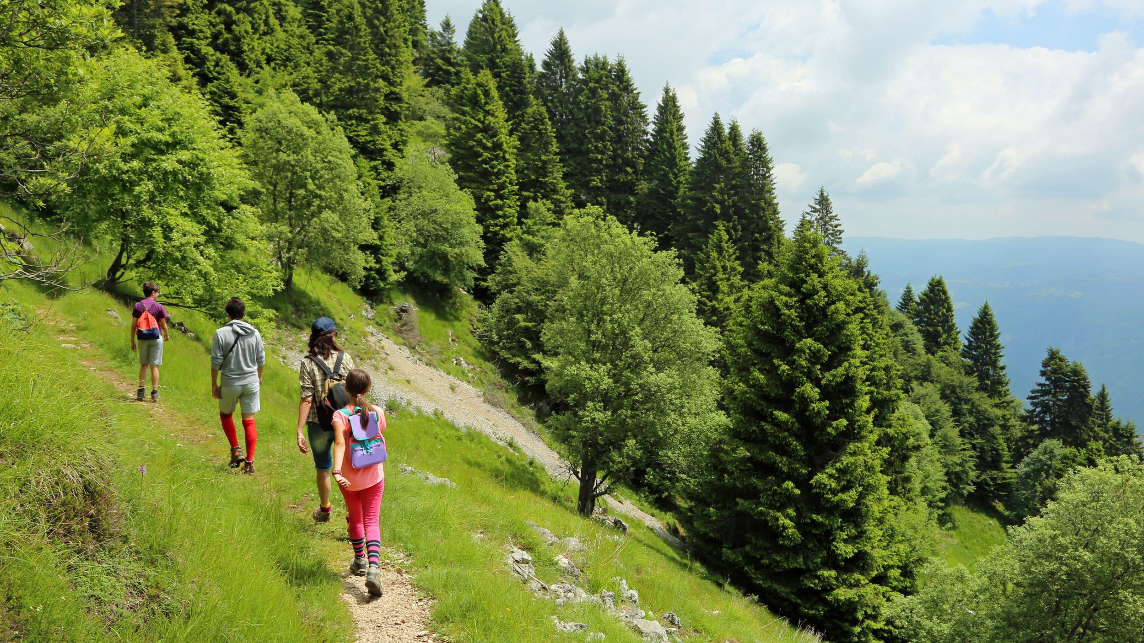 family of four walks on the path in mountains