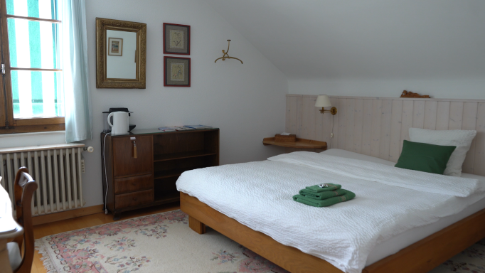 La chambre est aménagée avec un tapis, un lit et une commode. 