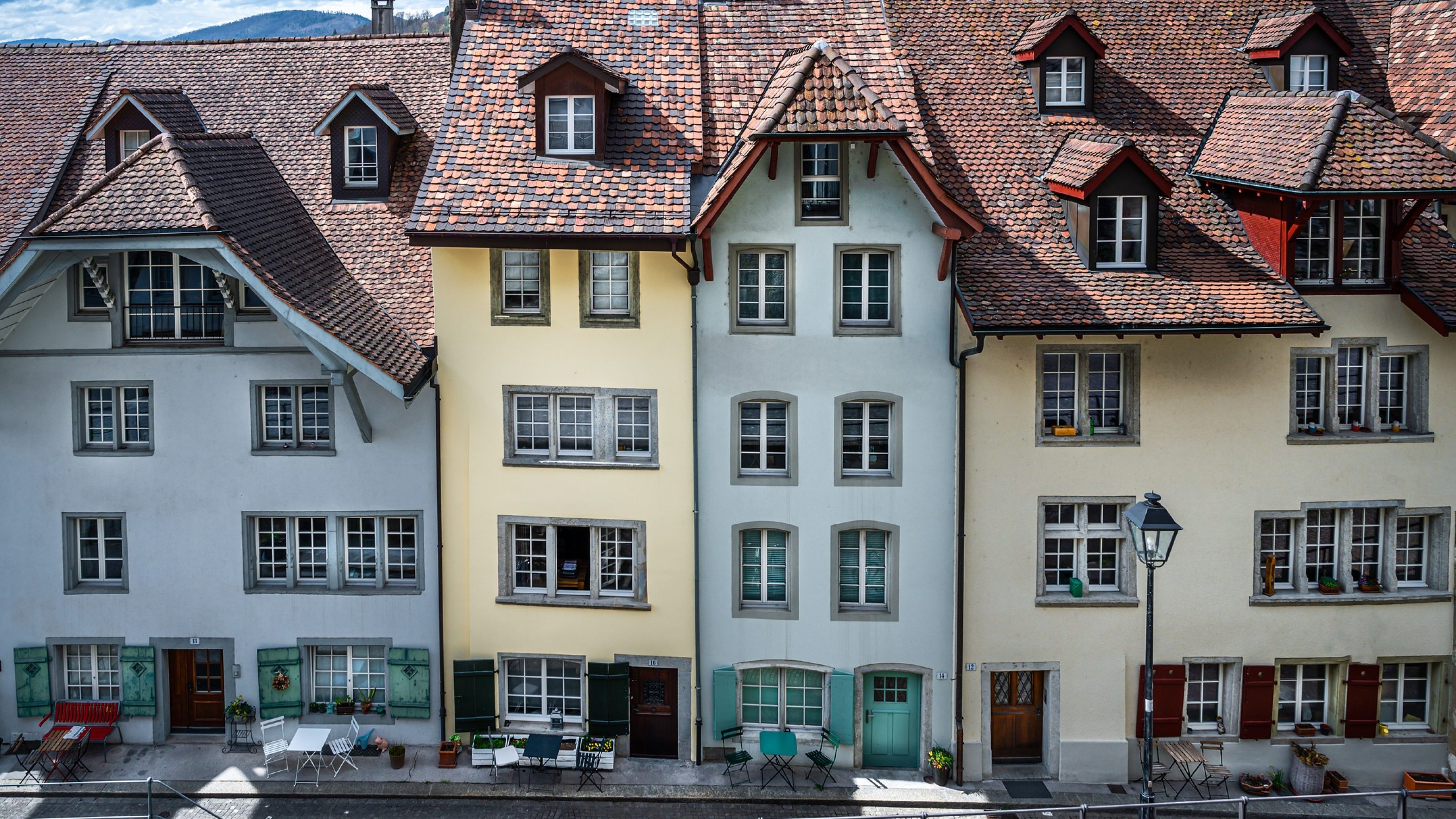 Row of old houses with tiled roofs in the city of Aarau of the canton Aargau, Switzerland
