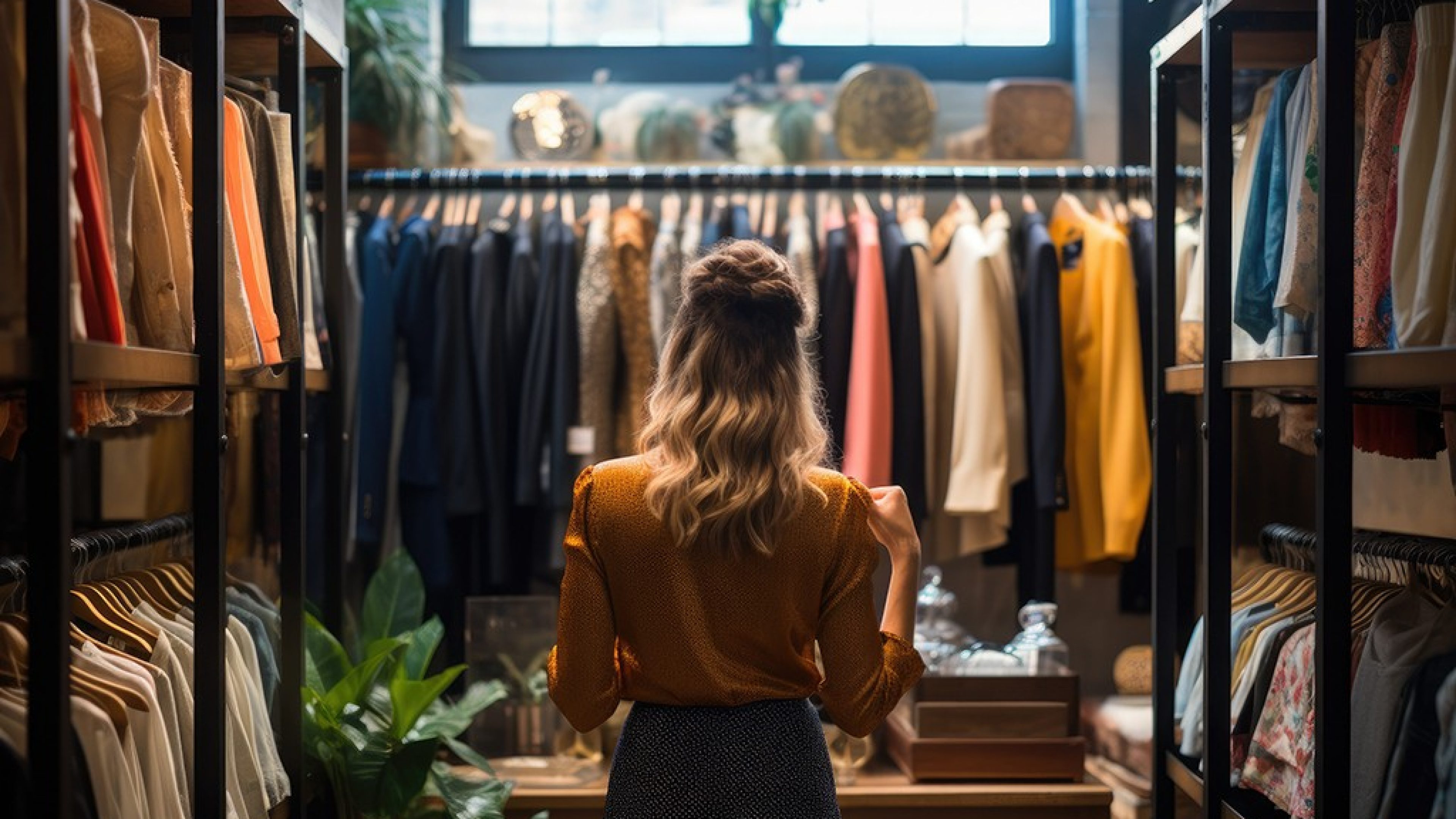 Une femme se tient au milieu du magasin et regarde des étagères de vêtements.