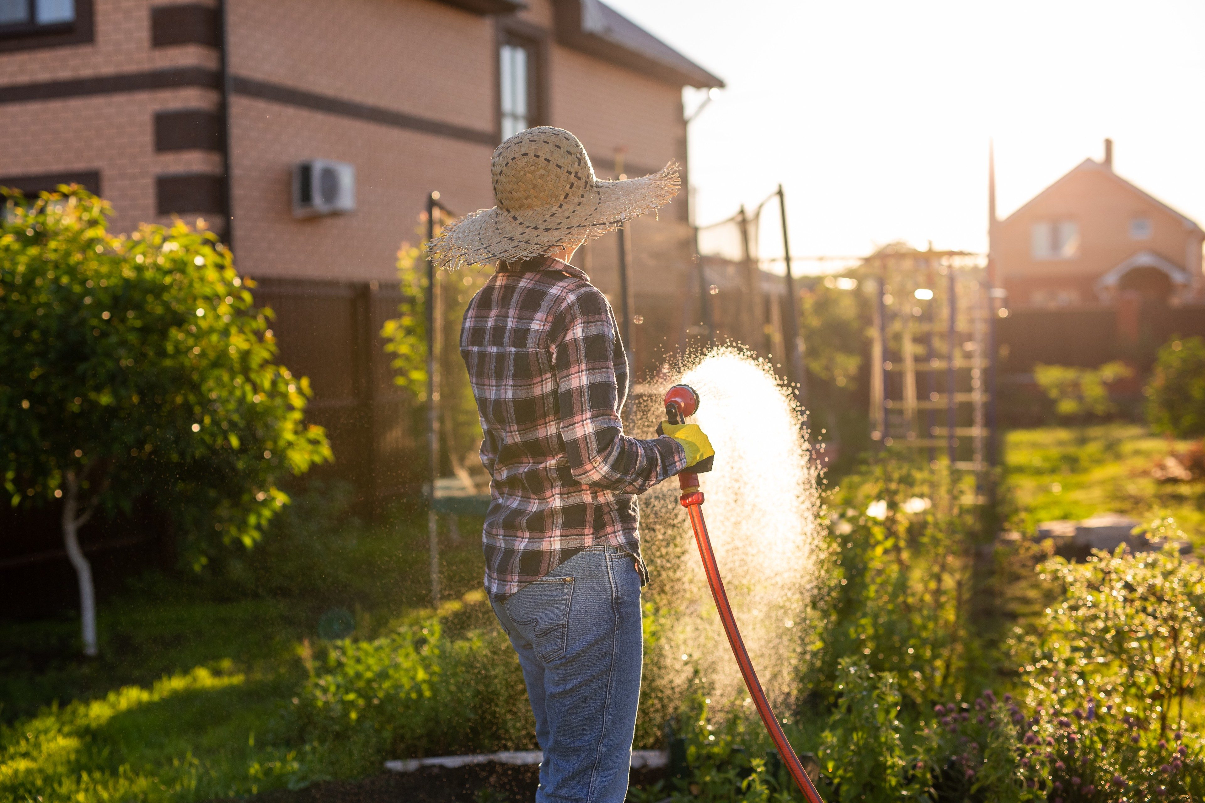 Caucasian woman gardener in work clothes watering the beds in her vegetable garden on sunny warm summer day. Concept of working in the garden