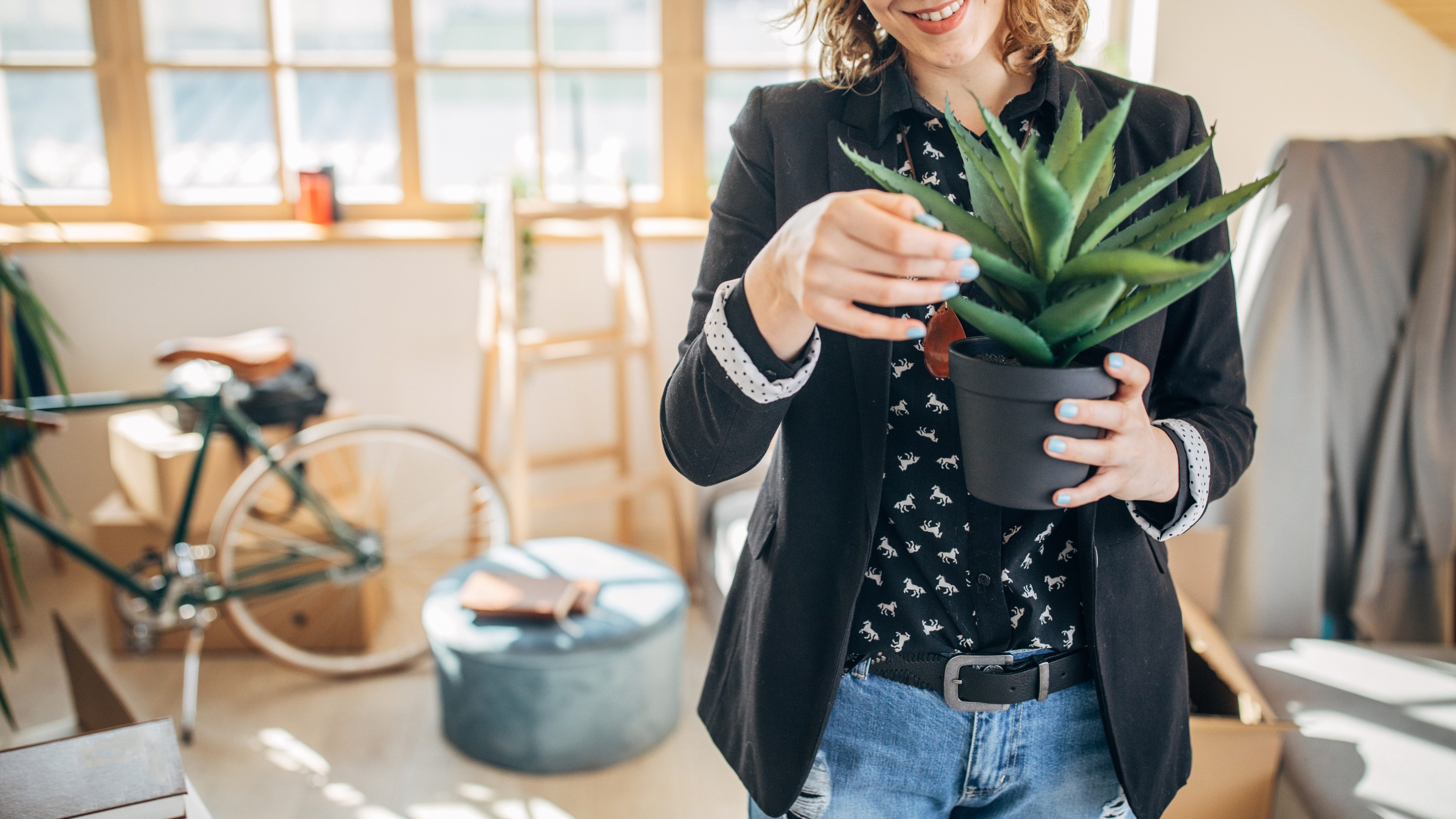 One woman, young lady moved into her new apartment, holding a plant.